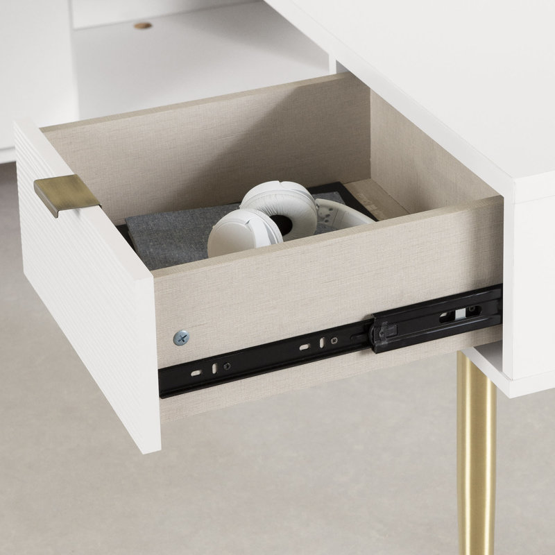 White L-Shaped Corner Desk with Hutch and Brass Legs