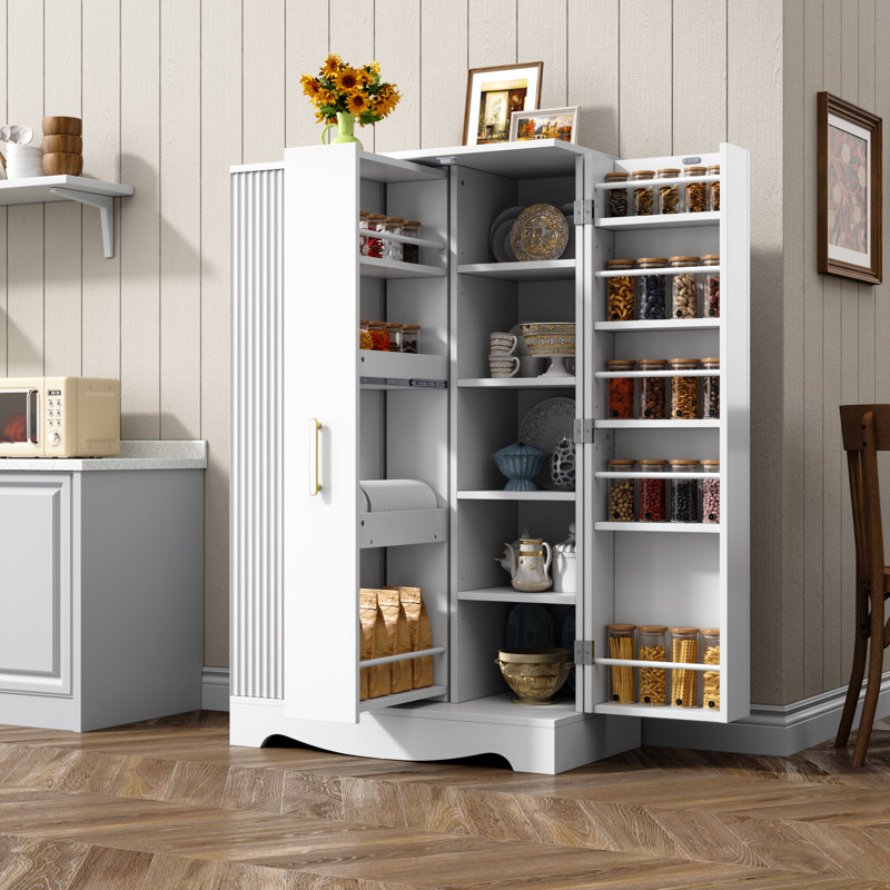 Armoire de rangement blanche autoportante de 47,4 po de hauteur, porte coulissante centrale et 2 portes à charnières latérales, tablettes réglables et supports de porte intérieure