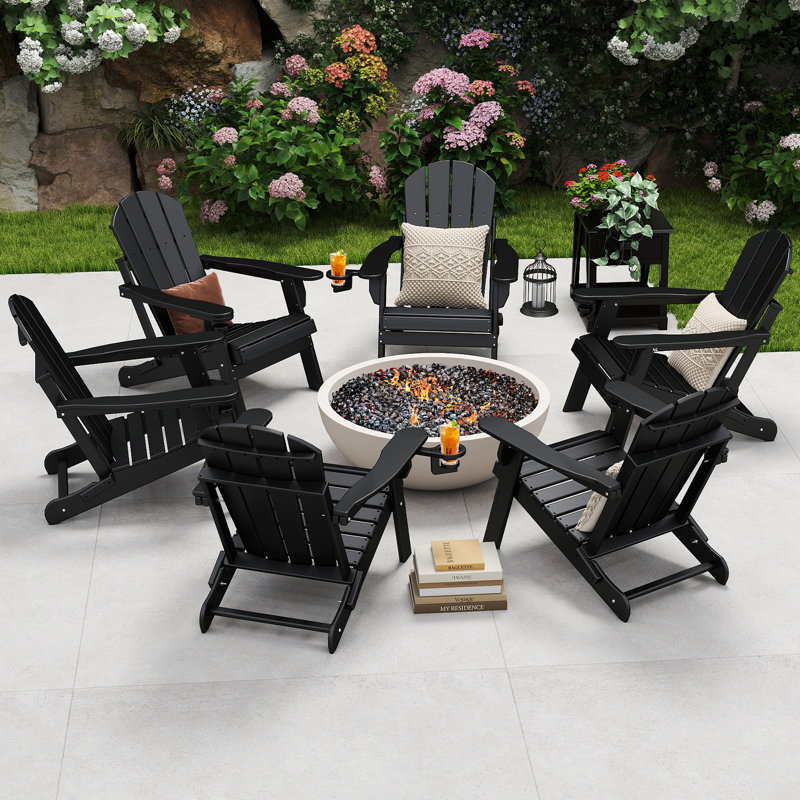 (Set of 6) Hdpe Folding Outdoor Adirondack Chair With Cup Holder , Black