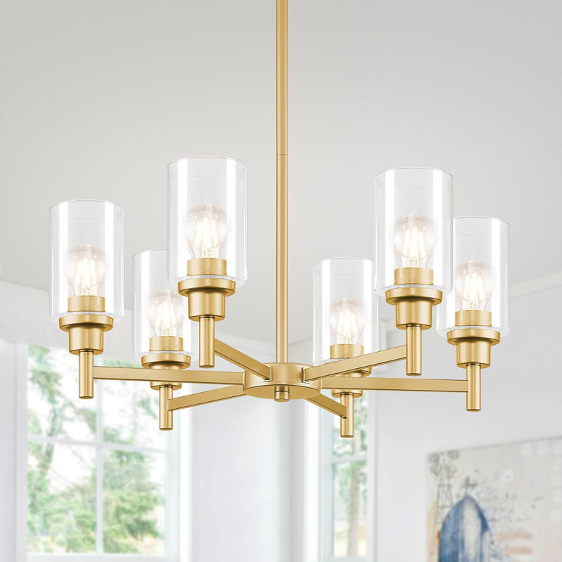 Lustre moderne 6 lumières avec abat-jour en verre transparent, luminaire suspendu réglable pour salle à manger, salon, cuisine, vestibule et escalier, à intensité variable avec culot E26