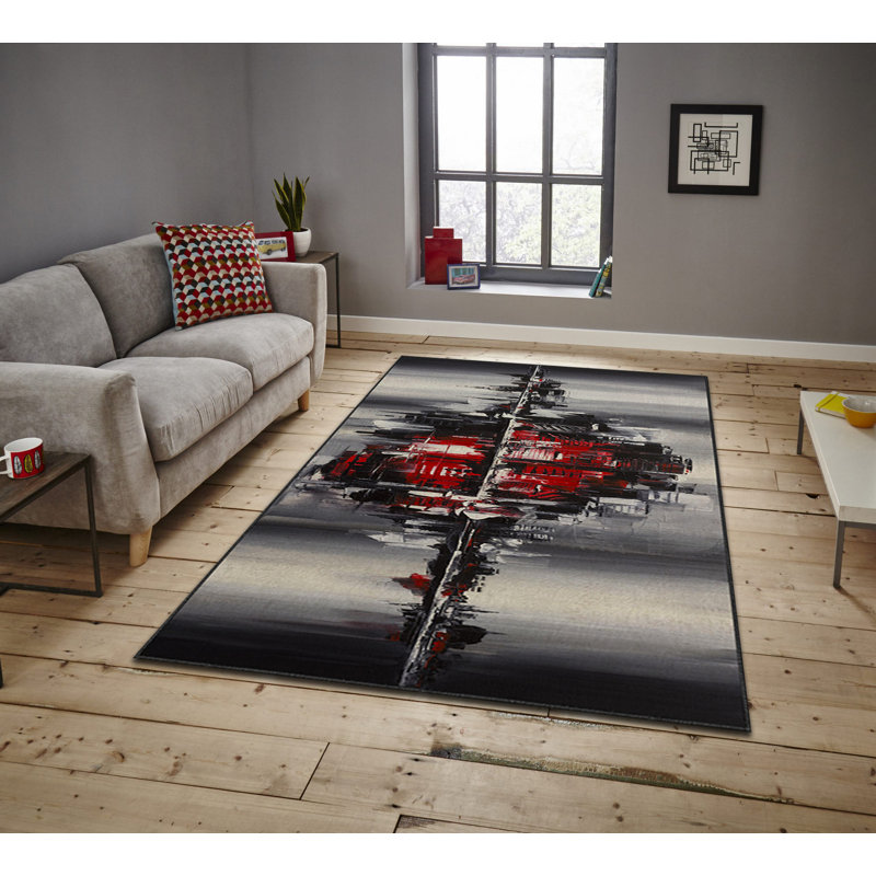 Tapis rectangulaire noir / gris en polyester tissé à la machine, Rectangle 5 pi 11 po x 9 pi 2 po
