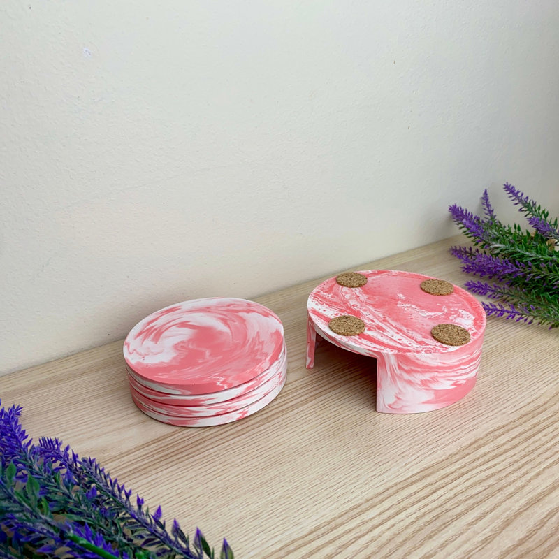 Stoneware Round 4 Piece Coaster Set With Holder, Pink
