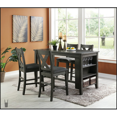 Ensemble de salle à manger 5 pièces à hauteur de comptoir moderne avec tablettes de rangement et 4 chaises hautes pour cuisine compacte