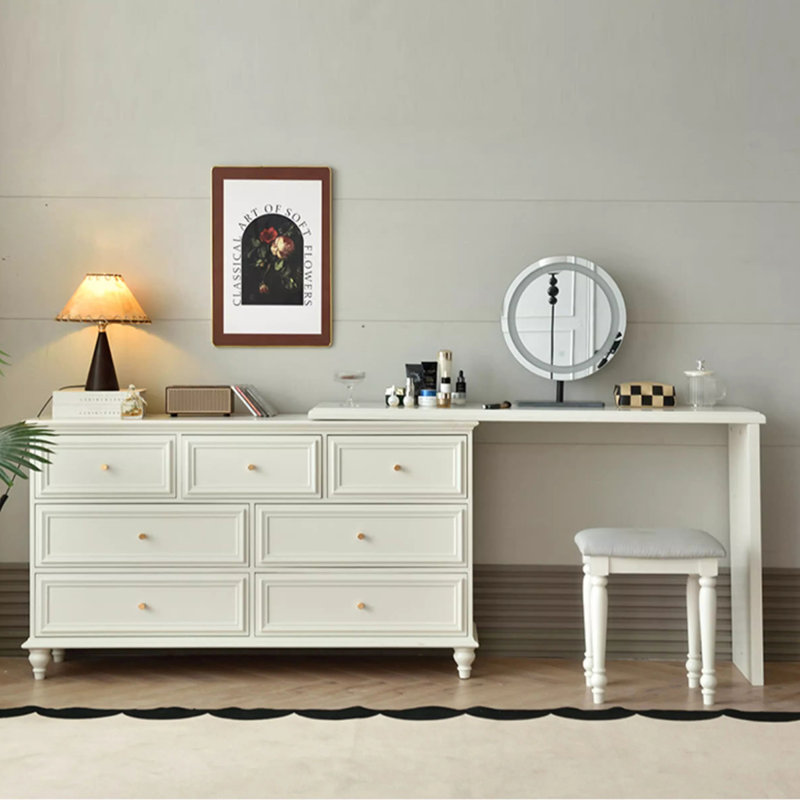 Coiffeuse de maquillage moderne avec miroir, tiroirs, Blanc