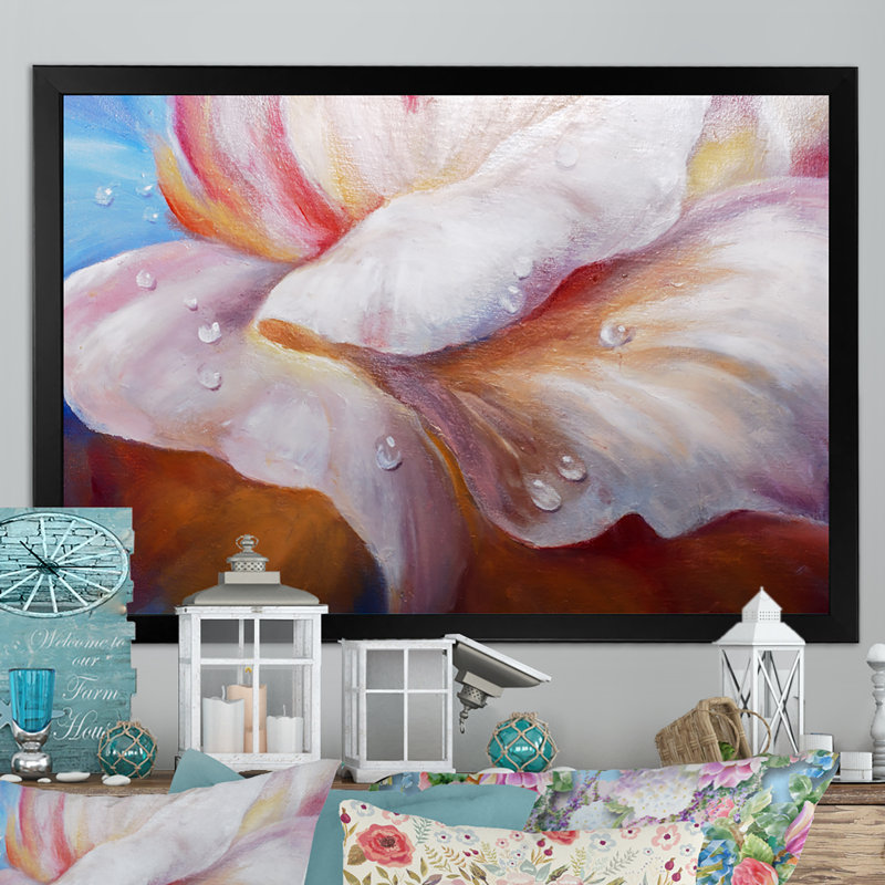 Creative Waterdrop On Beige Flowers V - reproduction de cadre flottant sur toile, Cadre photo noir, H 8 po x l 12 po x P 1 po
