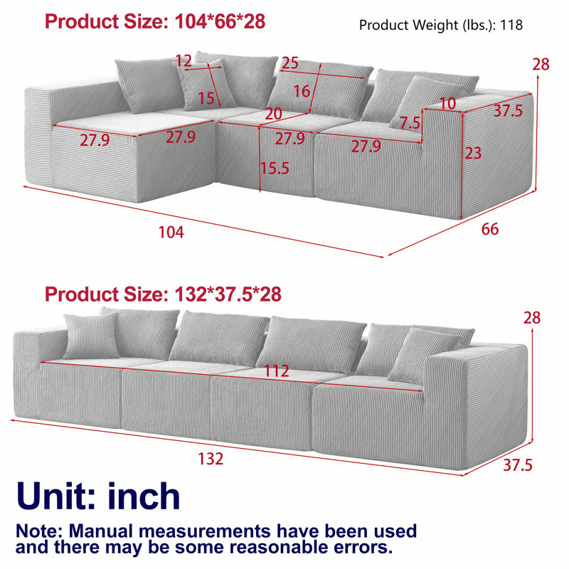 Ensemble de canapé modulaire en L 104 po modulaire en L 104 po, Velours côtelé vert