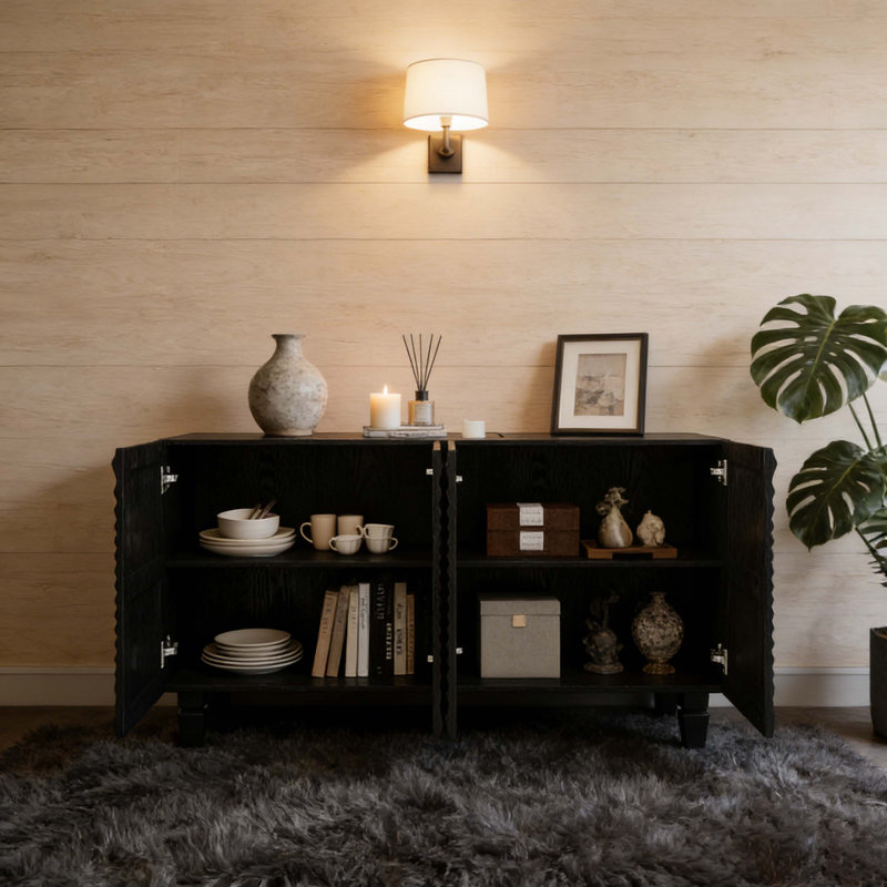 Buffet 59 po noir moderne avec 4 portes Sunburst, armoire de rangement avec pieds en bois massif, grande armoire de rangement pour la cuisine, la salle à manger, le salon et le vestibule