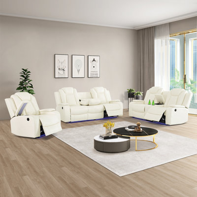 Ensemble de fauteuils inclinables électriques en cuir 3 pièces avec éclairage DEL et recharge sans fil - Canapé modulaire moderne avec porte-gobelets