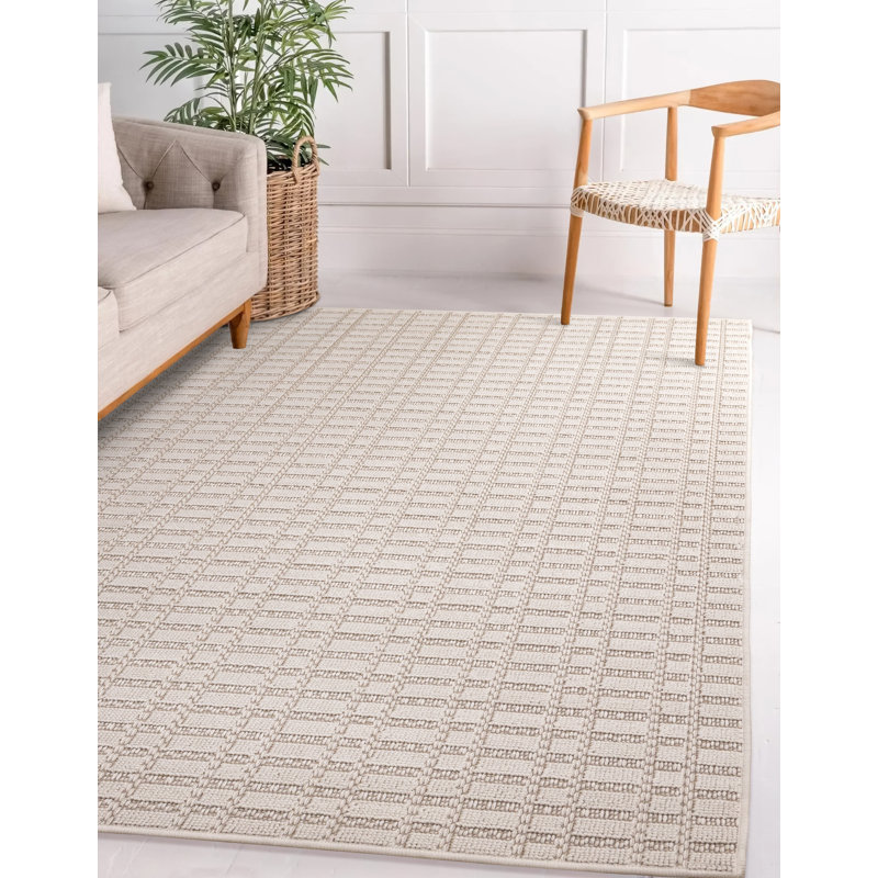 Tapis crème texturé neutre à carreaux bouclés Elijas, Rectangle 5 pi 3 po x 7 pi 7 po