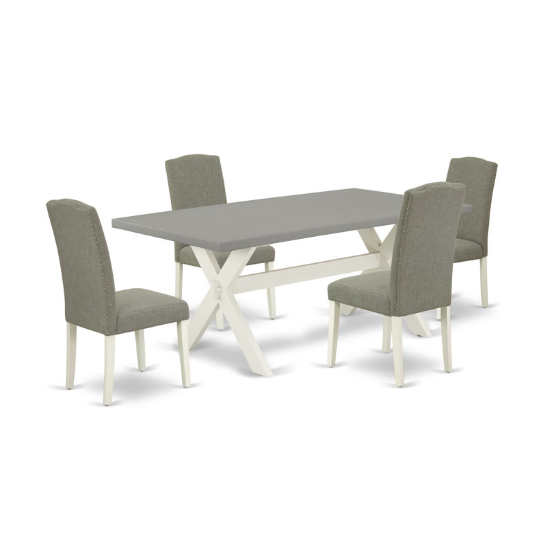 5 Piece Dining Table Set Includes a Rectangle Dining Room Table with X-Legs and 4 Dark Shitake Linen Fabric Upholstered Chairs, Wire Brushed Linen White