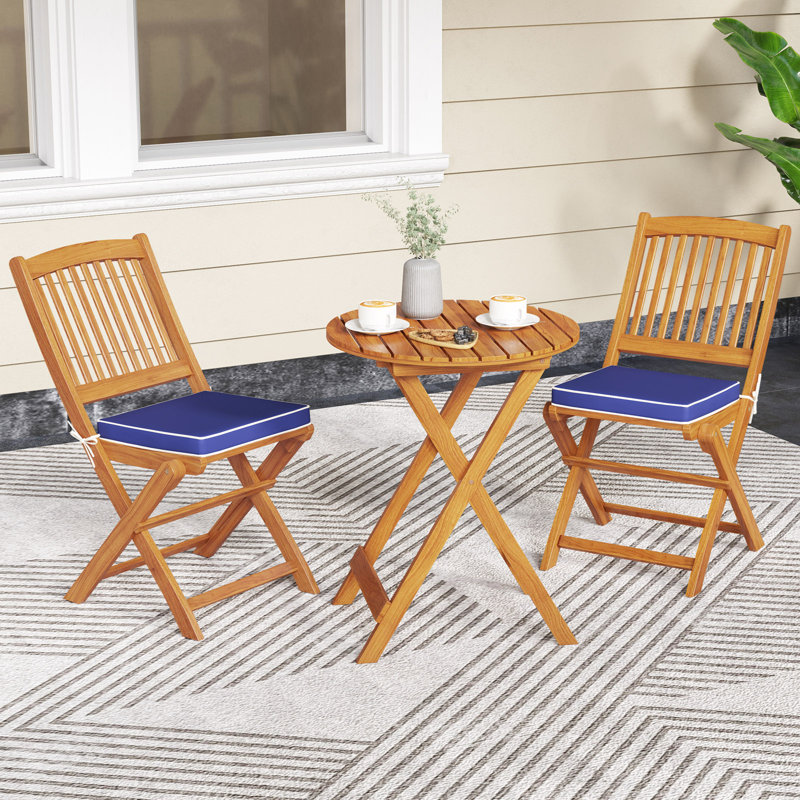 Ensemble bistro 3 pièces pliant en bois d'acacia avec coussins, Marine