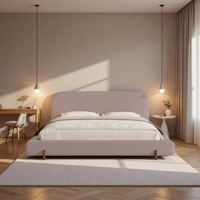 Unique Design,Solid Wood Legs Upholstered Bed Frame,King, Pink