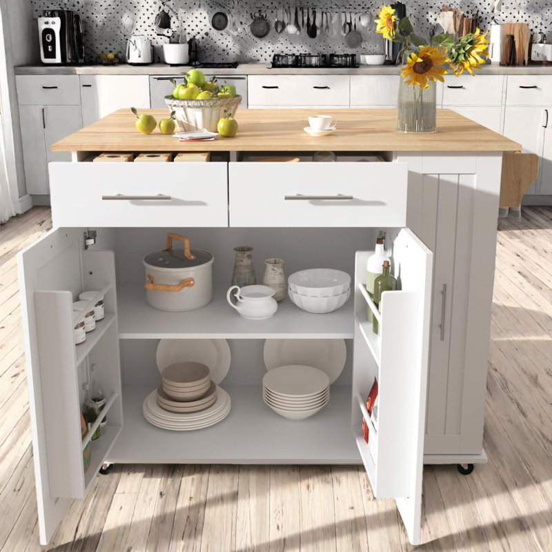 Calvinlee 46 " W Kitchen Cart with Solid Wood Top, White