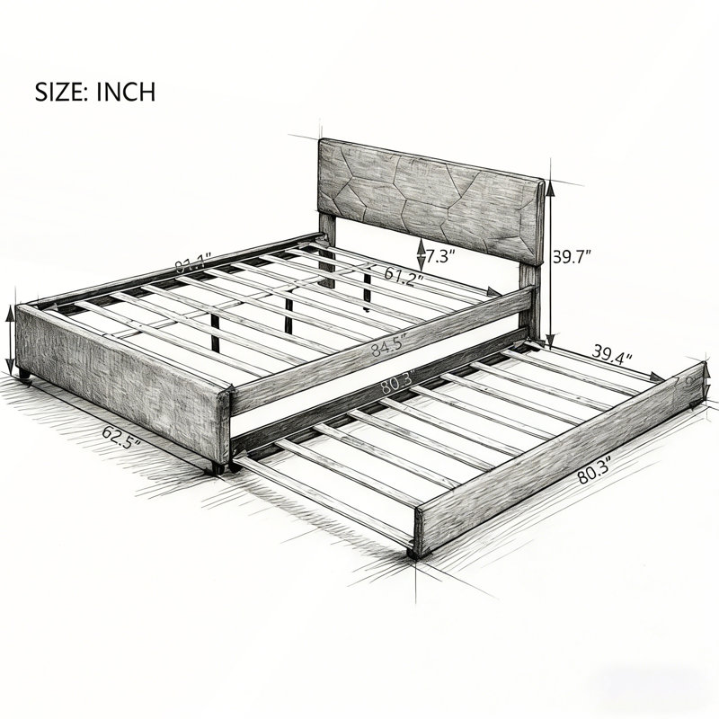 Grand lit plateforme tapissier avec tête de lit à motif brique et gigogne simple TG pour chambre à coucher moderne, Gris