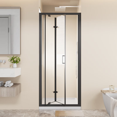 Porte de douche pivotante pliante avec cadre 30 po x 72 po peu encombrante, verre trempé transparent de 1/4 po avec poignée en acier inoxydable, installation réversible