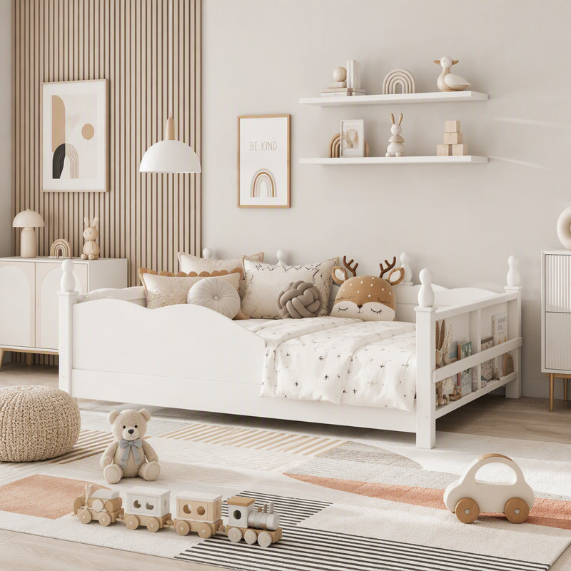 Lit double Montessori avec garde-corps et bibliothèque, Double, Beige