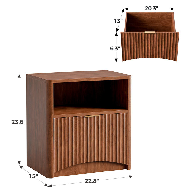 23'' Mid Century Modern Nightstand With Drawers, Wood Fluted Bedside Table With Storage(Set of 2), Set of 2, Walnut