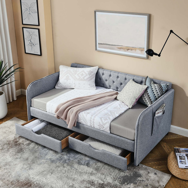 Twin Size Upholstery Extendable Daybed With Trundle Bed, Gray