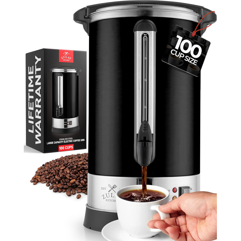 Zulay Kitchen Commercial Coffee Maker - 100 Cup Coffee Percolator With Double-wall Stainless Steel & Twist-lock Lid - Quick Brewing Coffee Urn With Keep-warm Mode For Events & Catering - Black