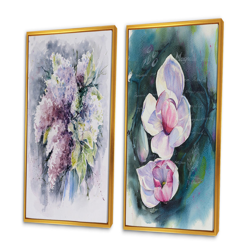 Fleurs de magnolia - ensemble de 2 peintures sur toiles, H 20 po x l 24 po x P 1 po, Cadre flottant doré