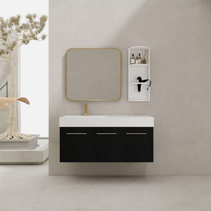 Meuble-lavabo mural 48 po avec lavabo et support de rangement, lavabo à rebord épais en résine gauche, ensemble KD
