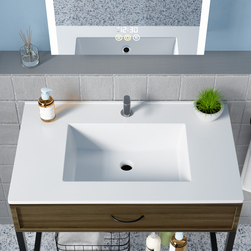 30" Bathroom Vanity With Resin Sink,Stainless Steel Frame With Tempered Glass Open Shelf, Black