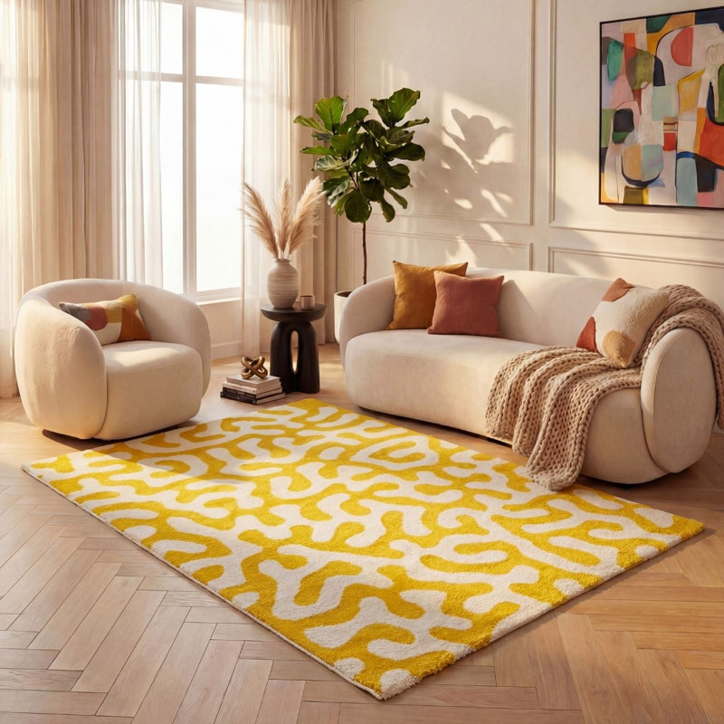 Joli Abstract Doodle Area Rug Soft Dense Pile for Living Rooms and Bedrooms, Yellow/White, Rectangle 240 x 340 cm