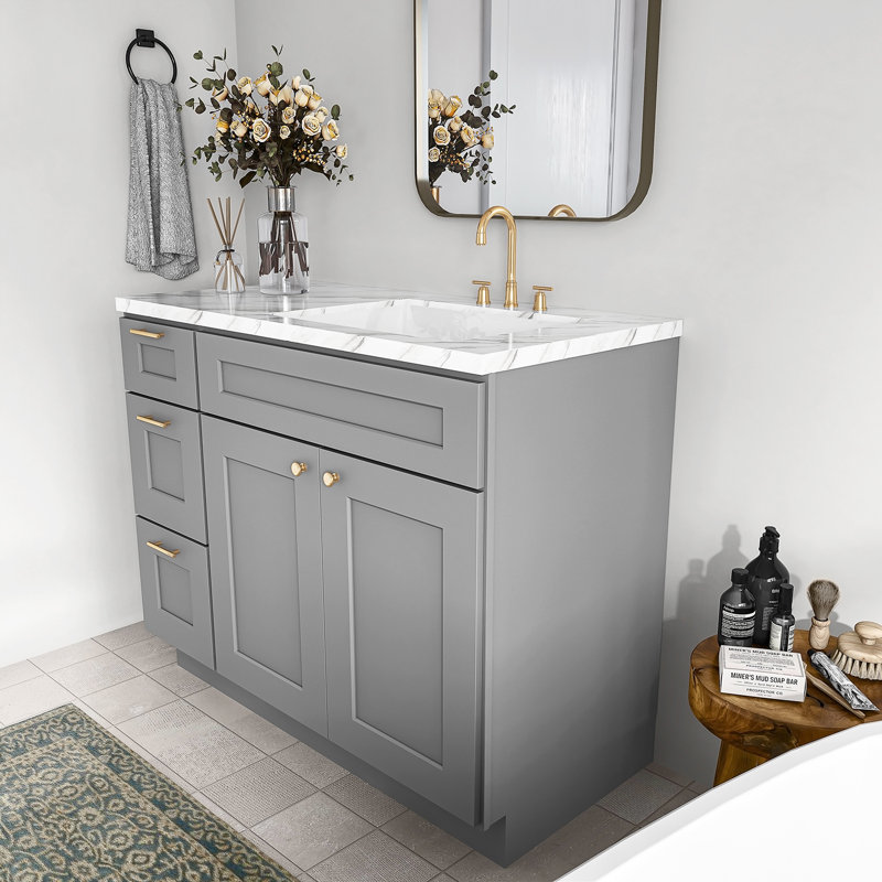 Ready-to-Assemble Solid Wood Shaker 42" Bathroom Vanity Base Cabinet Only – Countertop Not Included, Grey