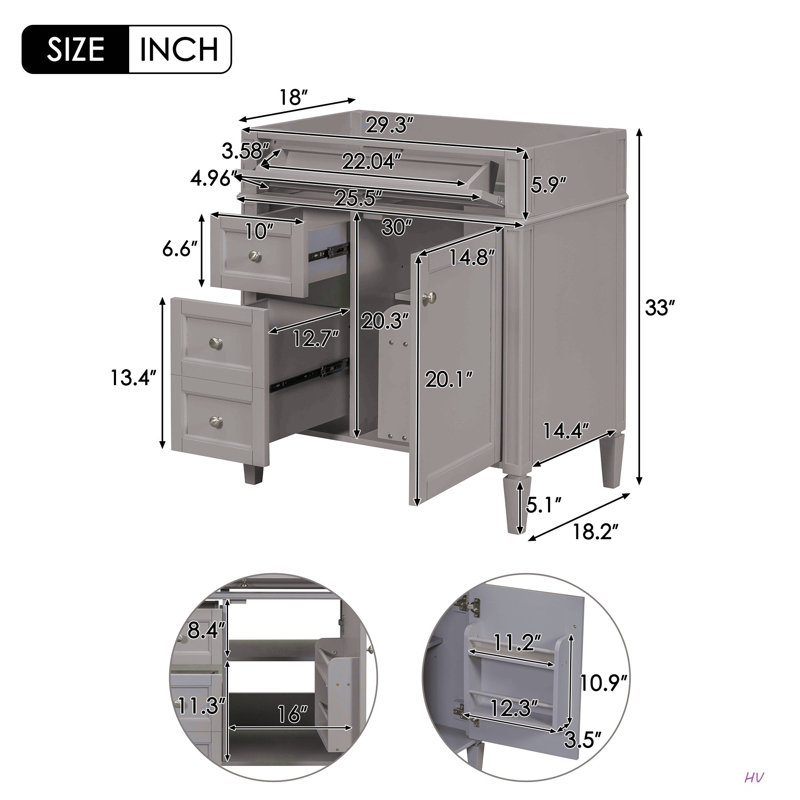 Meuble-lavabo de salle de bain de 30 po sans lavabo supérieur, armoire de rangement moderne avec 2 tiroirs et un tiroir rabattable (BASSIN INCLUS)