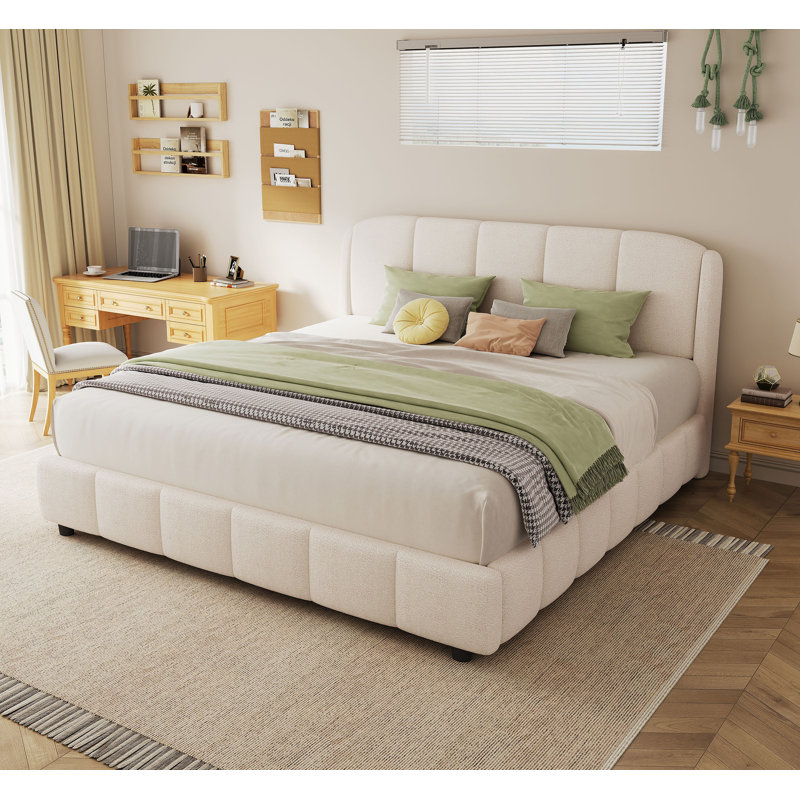 Lit plateforme avec tissu Boucle, lit plateforme rembourré en tissu doux avec tête de lit courbée, assemblage facile