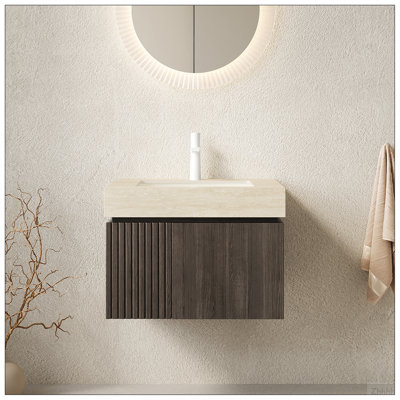 Meuble-lavabo de salle de bain 24 po MURI, armoire de rangement flottante en contreplaqué avec 2 portes, comptoir en pierre frittée Roma Travertine et lavabo en céramique avec trou de robinet pré-percé, pré-assemblé, grain de bois espresso