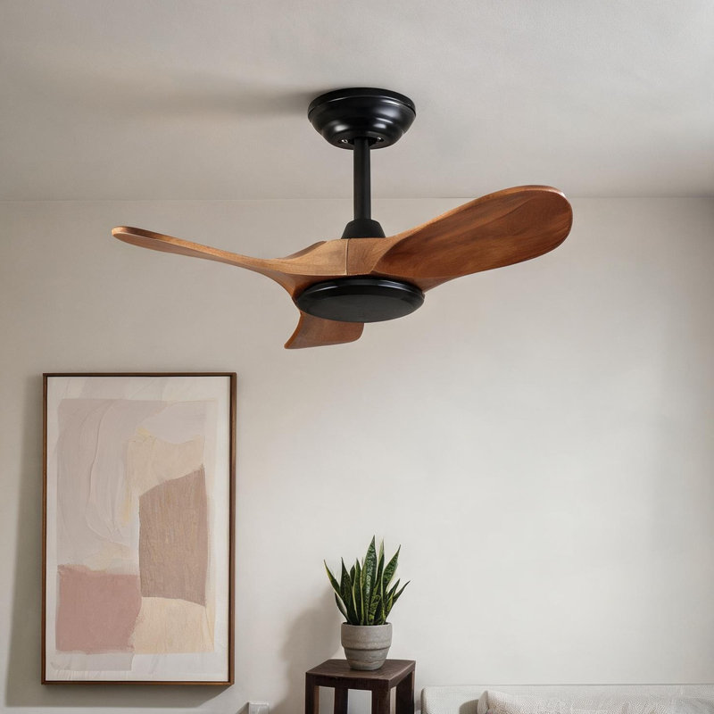 Ventilateur de plafond avec abdos en bois naturel + acier (Q235) + bois + PVC, télécommande et débit d'air saisonnier