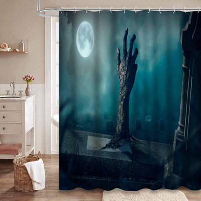 Zombie Dark Halloween Night Creepy Red Shower Curtain with 12 Hooks