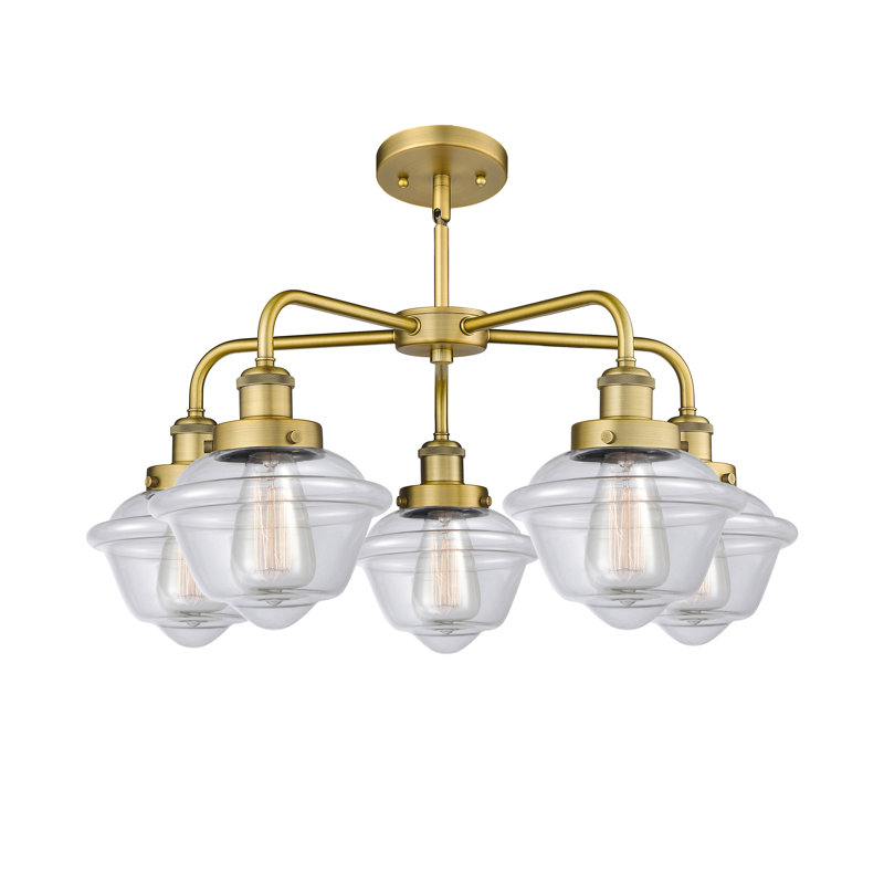 Grourke 5 - Light Glass Dimmable Chandelier, Clear, Brushed Brass