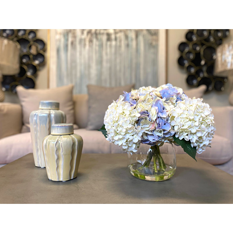 Hydrangea Bouquet In Bubble Glass Vase, Lavender/White, 15" H x 16" W x 16" D