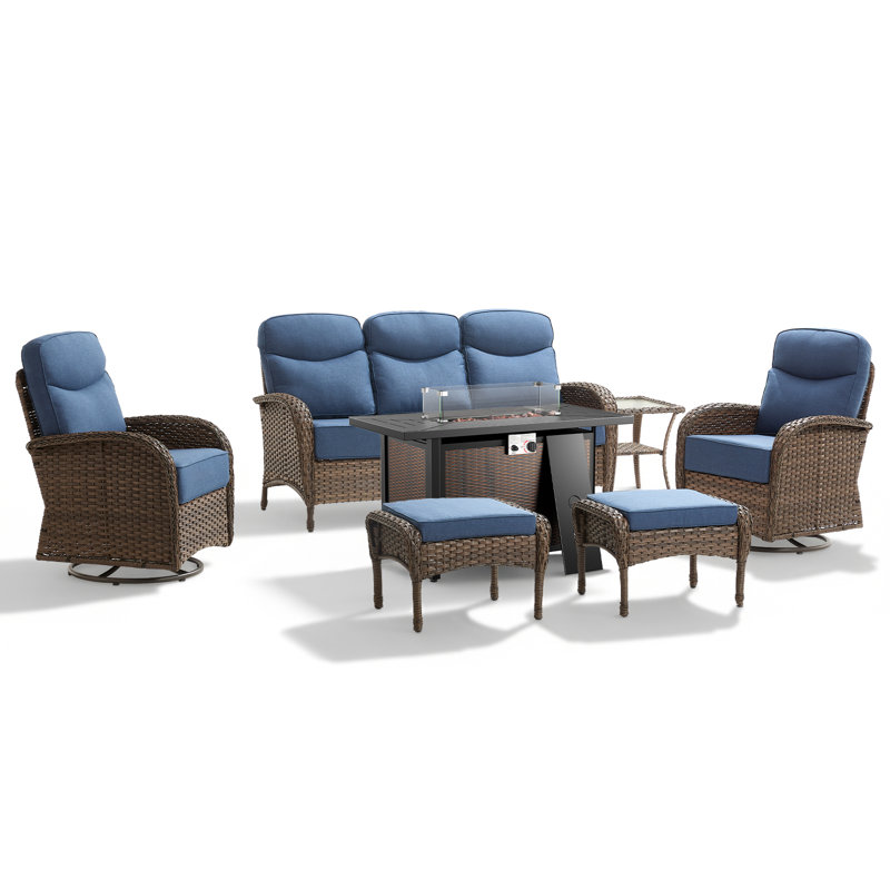 Ensemble de conversation pour foyer d'extérieur en osier 7 pièces avec canapé, fauteuils pivotants et repose-pieds, Bleu