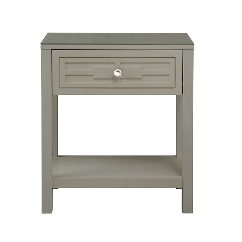 Table de chevet en bois taupe 23 po avec plateau en verre et tiroir Dylan