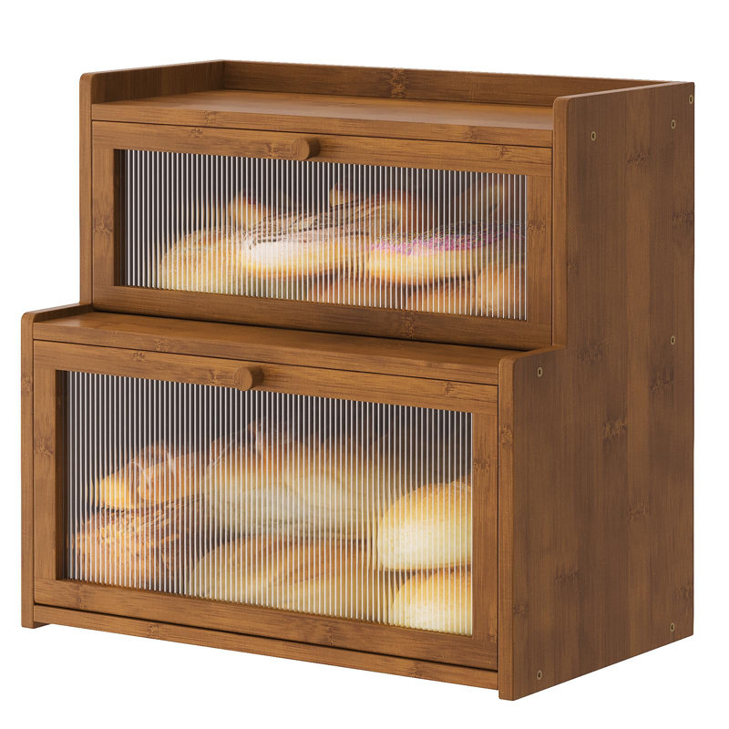 Boîte à pain à double couche en bambou pour comptoir de cuisine, porte-pain, rangement de pain de comptoir avec fenêtre (brun)