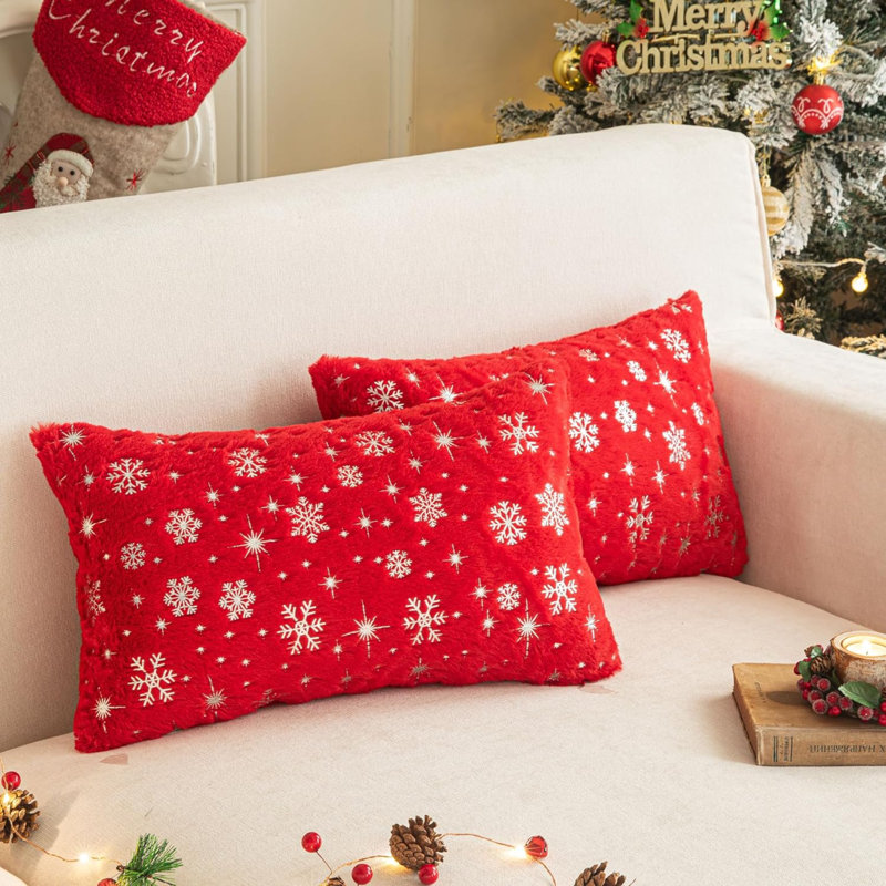 Housse de coussin réversible en fausse fourrure , Rouge