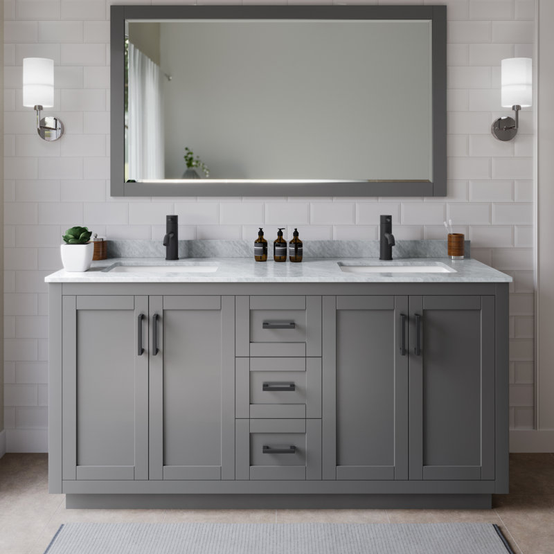 Miranda 66" Freestanding Double Bathroom Vanity with Marble Top with 58" Mirror, Dark Gray, Matte Black
