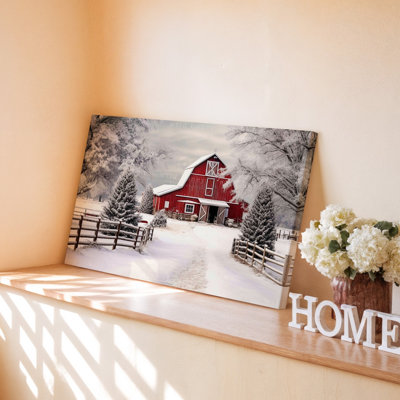 Red Barn Winter Scene Snowy Farmhouse Decor Rustic Landscape Canvas Wall Art Print For Living Room, Bedroom, Office, Hallway, Entryway, Gallery Wall And Modern Home Decor