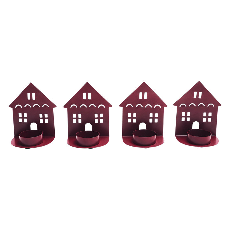 Festive Finds Tealight Holder House Set of 4 4.5x3.75x2.25, Burgundy