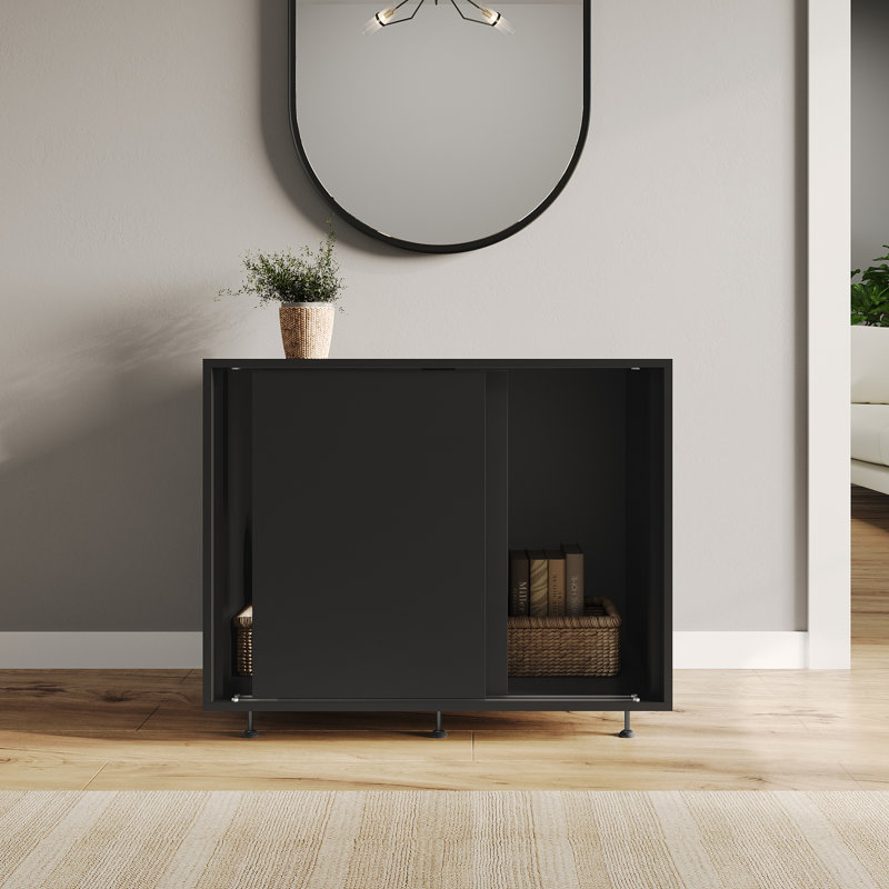 2-Door Sliding Chest Black Cabinet SIDEBOARD Closet Storage Cupboard Organiser w/ Feet, Black
