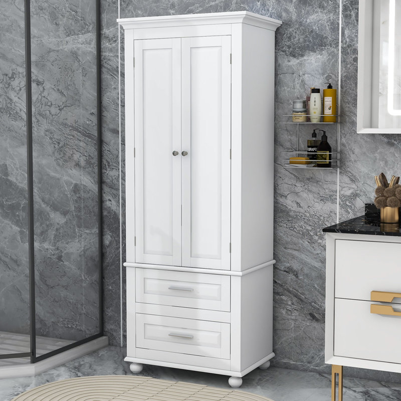 Armoire de rangement autoportante haute avec deux tiroirs, Blanc