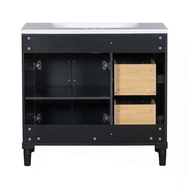 Meuble-lavabo de 36 po avec lavabo en résine supérieur, armoire de rangement autoportante avec 2 tiroirs et tiroir basculant, ensemble de meuble-lavabo avec cadre en bois massif, tablette à hauteur réglable