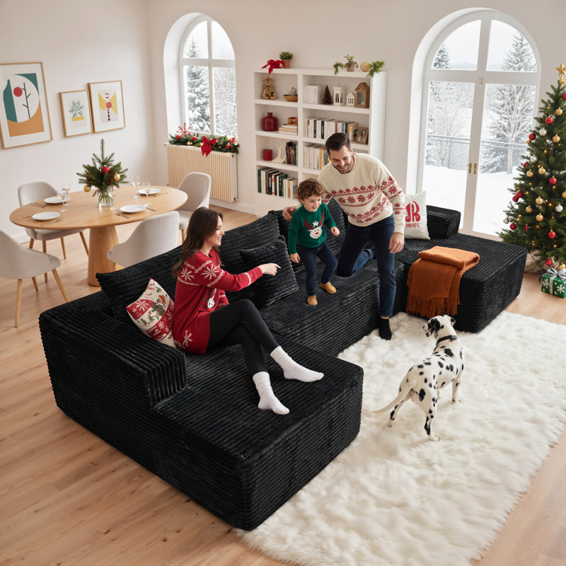 Boneless 134'' Cloud Modular U-shaped Sectional Sofa With Double Chaise, Upholstered Couch For Living Room Or Bedroom, Black