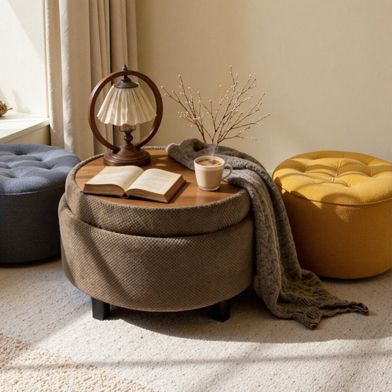 Repose-pieds de rangement rond de 25 pouces avec plateau, table basse moderne en tissu touffeté, repose-pieds rembourré avec plateau amovible pour le salon et la chambre à coucher