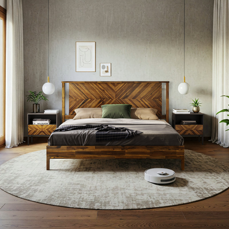 Vivian DELUXE Platform Bed Frame with Headboard – Acacia Wood, King, Rustic Chestnut