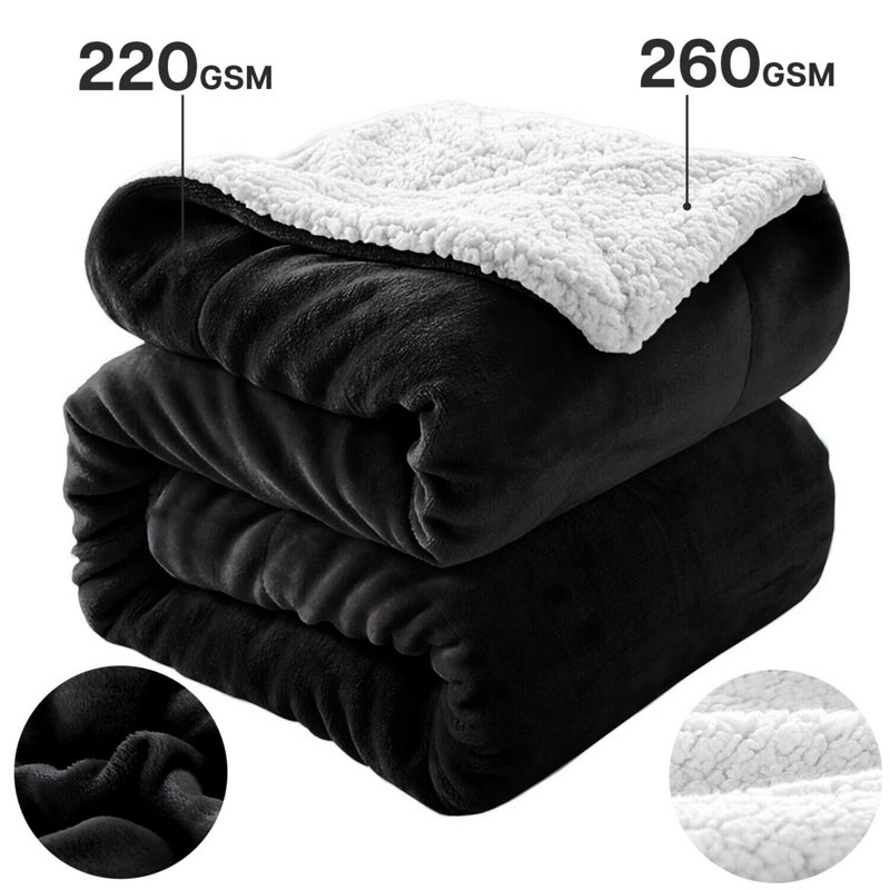 Diya Soft Sherpa Fleece Fur Thick Dual Sided Flannel Reversible Blanket Throw, W200 x L240cm, Black