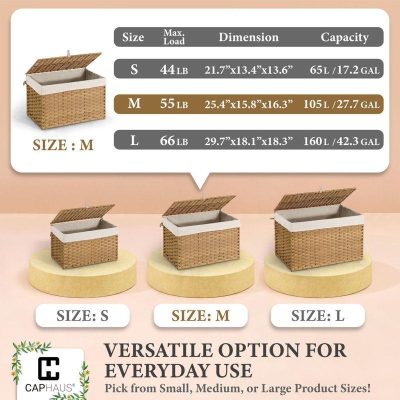 CAPHAUS Rattan Laundry Basket, 65L-160L Capacity, Removable Liner Bags, 3 colors, Natural, 16.3" H x 15.8" W x 25.4" D
